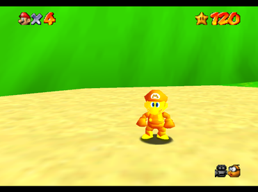Mario in a gold-colored suit.