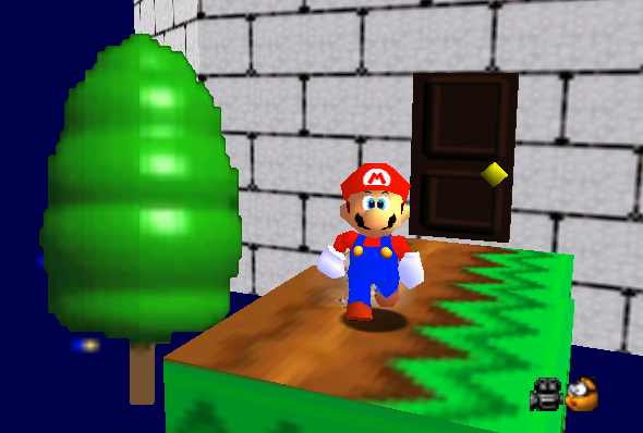 Mario facing the camera while walking out of a door in the side of a castle pillar thing onto grass blocks that have the grass texture misaligned so that the top displays like the side of a grass block with dirt instead of just showing grass. All of this is in what's supposed to be space I guess, and there's a floating tree next to Mario.